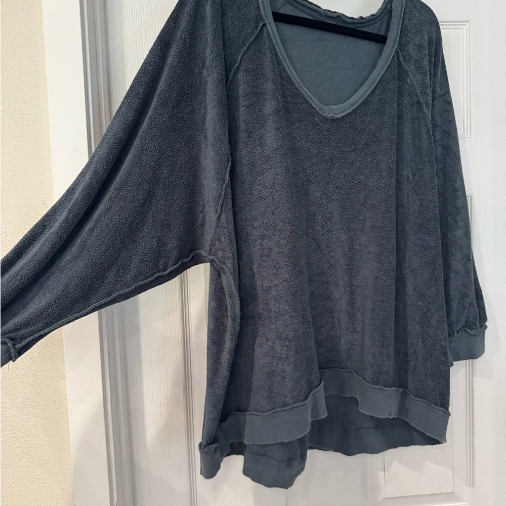 Free People Teal Oversized V-Neck Terry Pullover